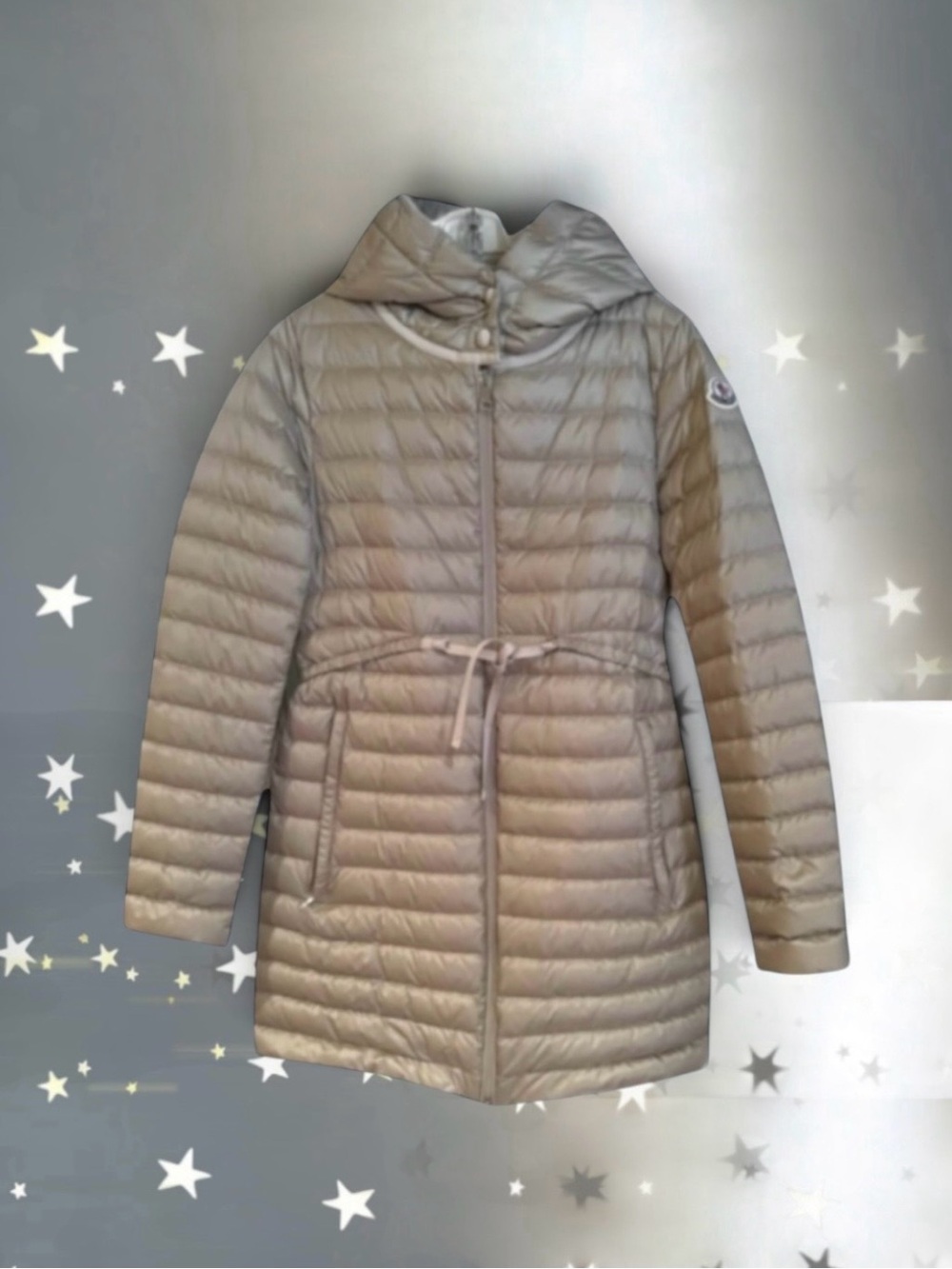 💞MONCLER BEIGE Barbel Long Down Puffer Jacket Attached Hood Size 2 = US Medium